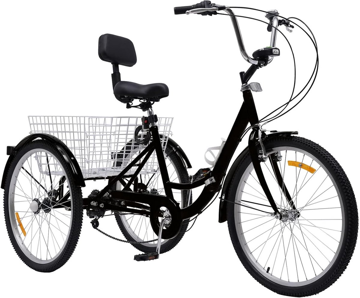 Driewieler voor volwassenen, 24 inch, inklapbaar, 3 wielen, 7 versnellingen, voor volwassenen, driewieler, fiets, tricycle, fiets, cruise bikes met ledlicht, groentemand, bekerhouder Driewieler kopen online
