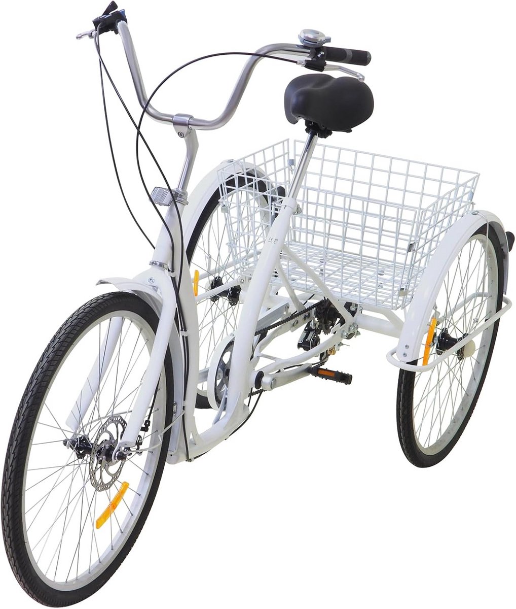 driewieler voor volwassenen driewiel fiets comfortabel transport zes versnellingen 26 inch wielen wit
