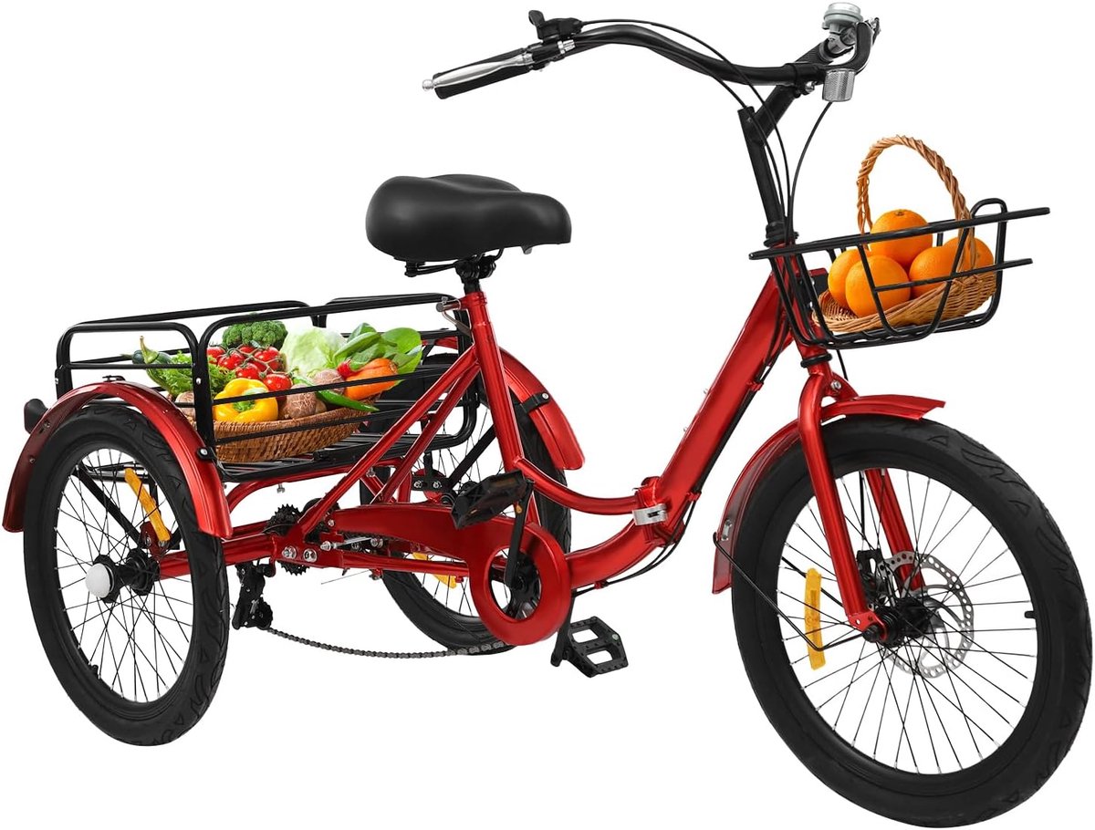 driewieler voor volwassenen opvouwbare fiets winkelen en uitstapjes 7 versnellingen en manden 20 inch wielen rood