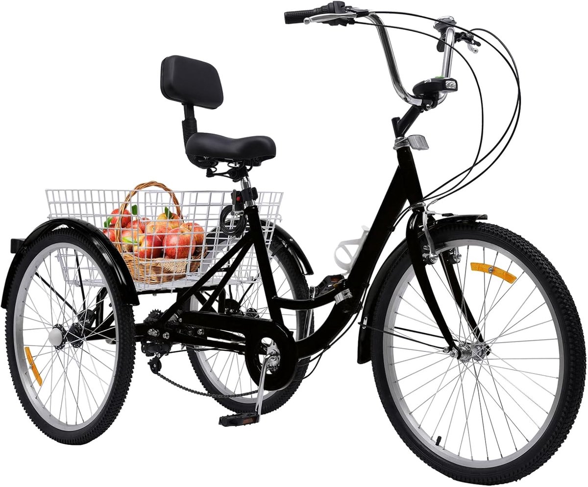 driewieler voor volwassenen opvouwbare trike dagelijks gebruik 7 versnellingen dubbele remmen 24 inch wielmaat zwart