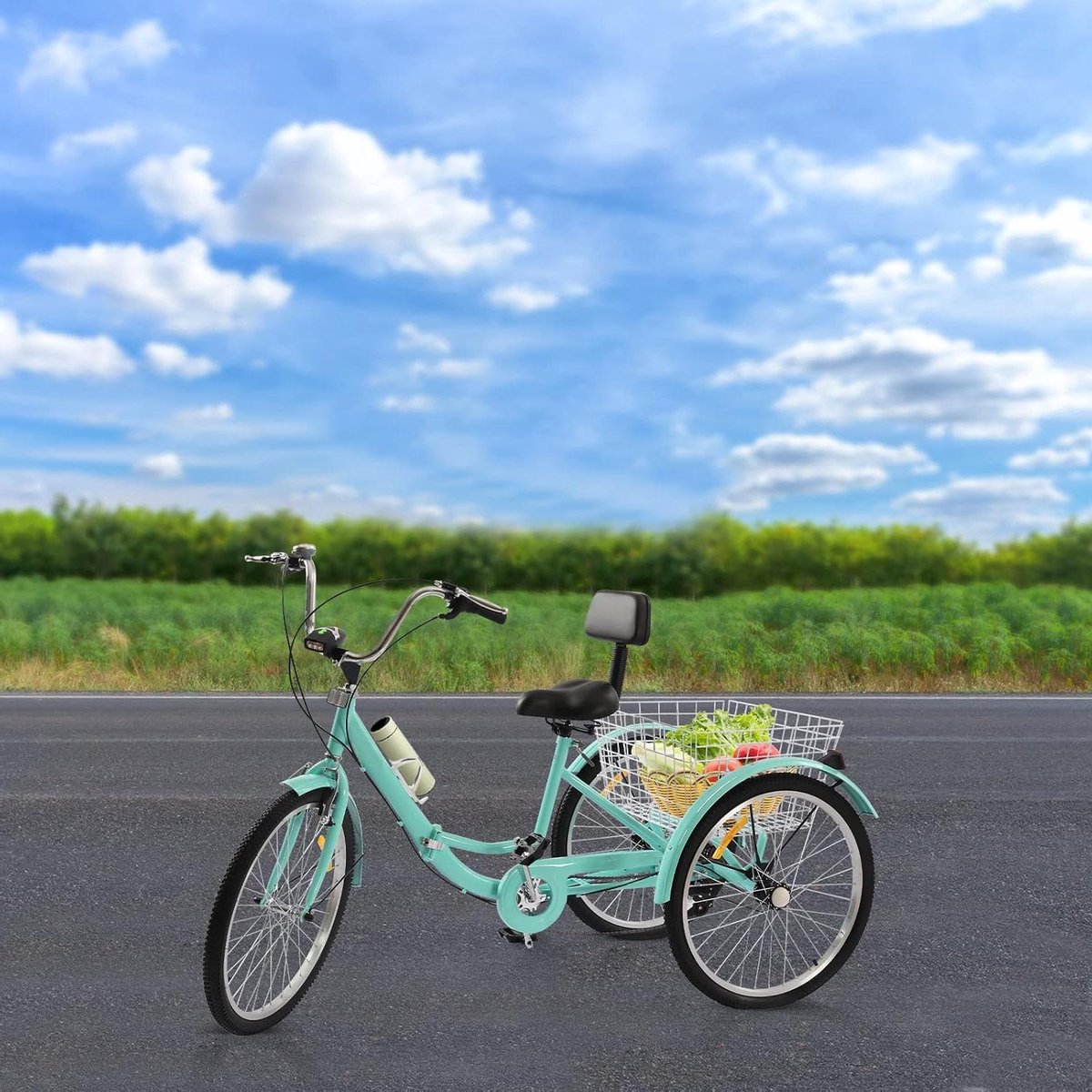 driewieler voor volwassenen stadsfiets vouwfiets boodschappen doen opvouwbaar frame 24 inch wielen turquoise