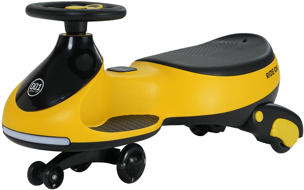 elektrische kinderauto 12v swing car met lichtgevende wielen 360 draaibaar stuur 2 in 1 kinder elektro auto met led en muziek tot 30 kg geel