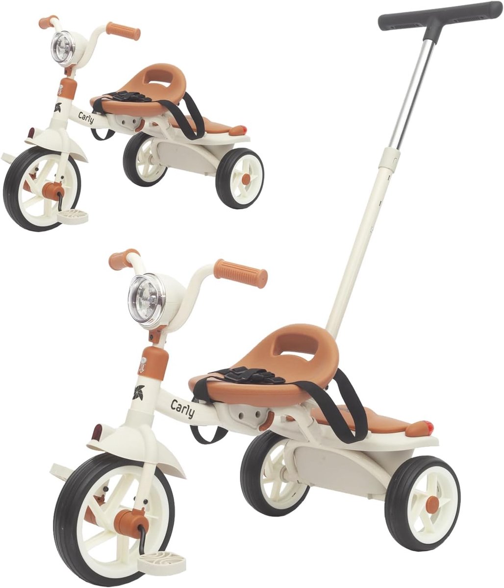 evolutionaire babydriewieler opvouwbaar voor kinderen van 1 5 jaar licht en compact stuur met licht en geluid mand en verstelbare duwstang carly wit