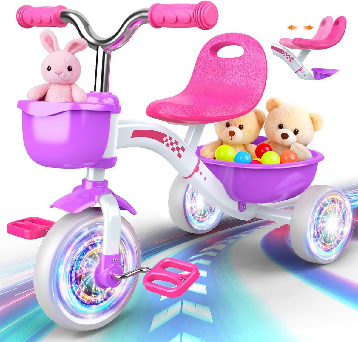 Evolutionaire Driewieler voor Meisjes 1-5 Jaar met Mand - Roze en Paars Driewieler kopen online