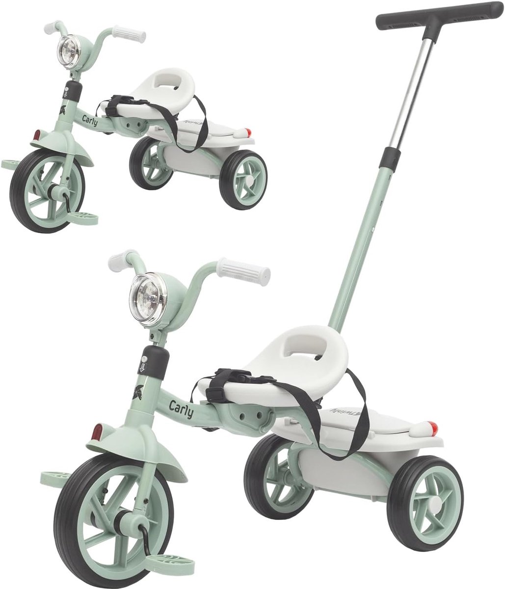 Evolutionaire opvouwbare driewieler voor kinderen 1-5 jaar - lichte en compacte kinderdriewieler - lichte en geluidmakende stuur, mand en duwstaaf Carly (mint) Driewieler kopen online