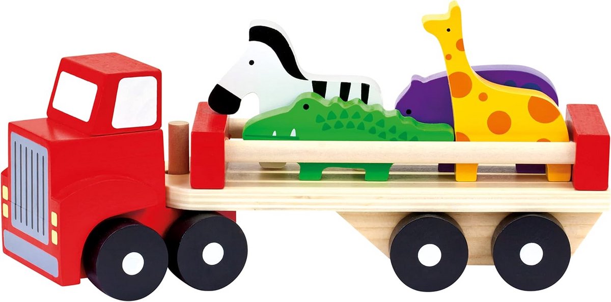 houten vrachtwagen dierentransporter kinderen spelen 6 delig inclusief dieren 27 cm veelkleurig
