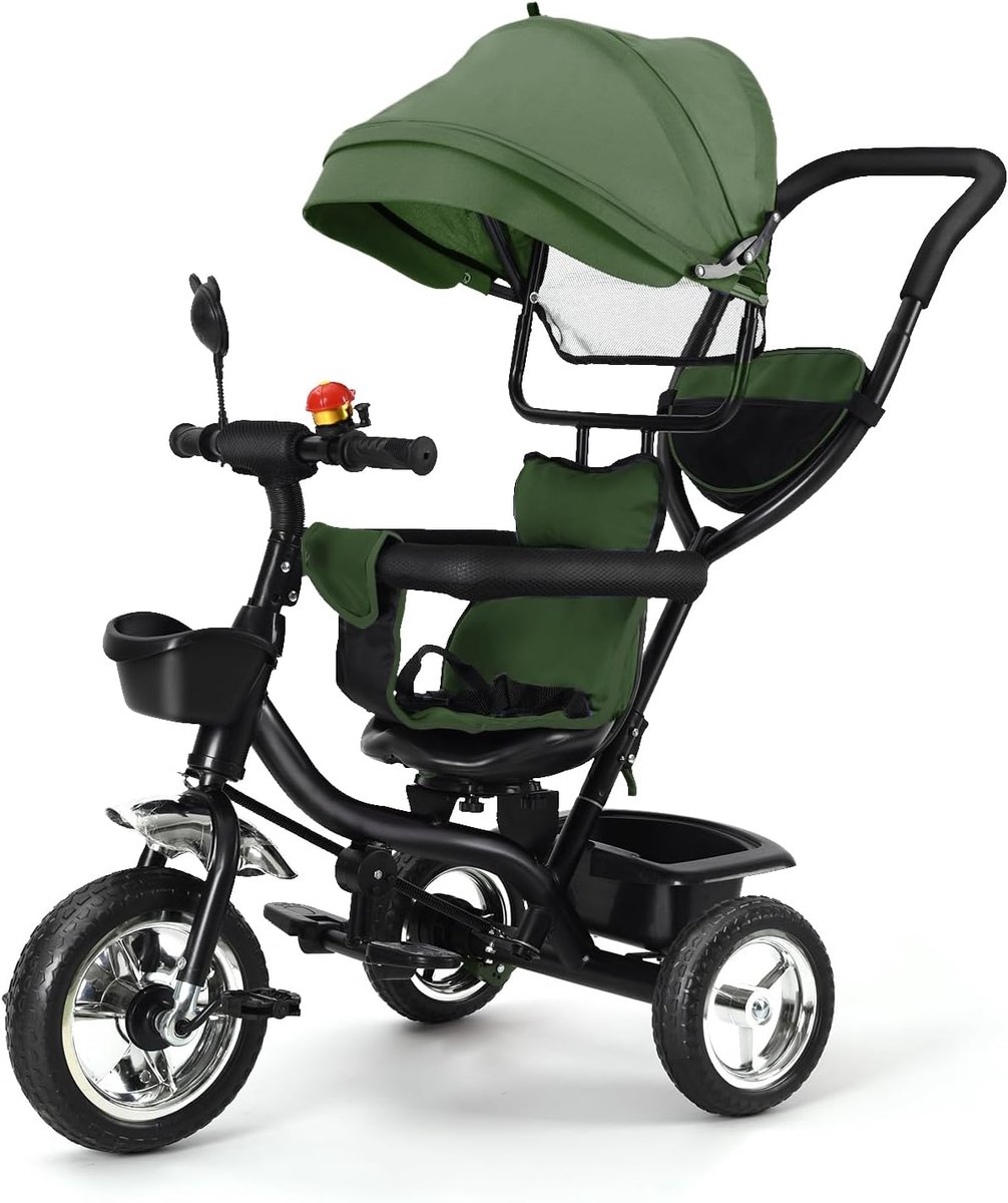 kinder driewieler 4 in 1 kinderwagen veilig buiten spelen draaibaar en opvouwbaar 75x46x10cm groen