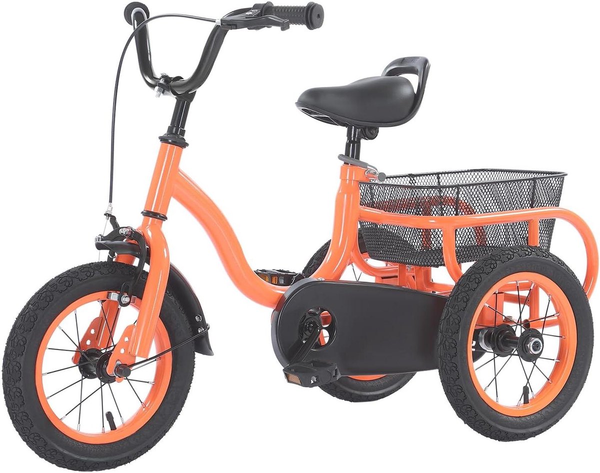 Kinder driewieler - Driewieler met mand - Buiten spelen - Veilige stabiele rit - 12/16 inch - Oranje Driewieler kopen online