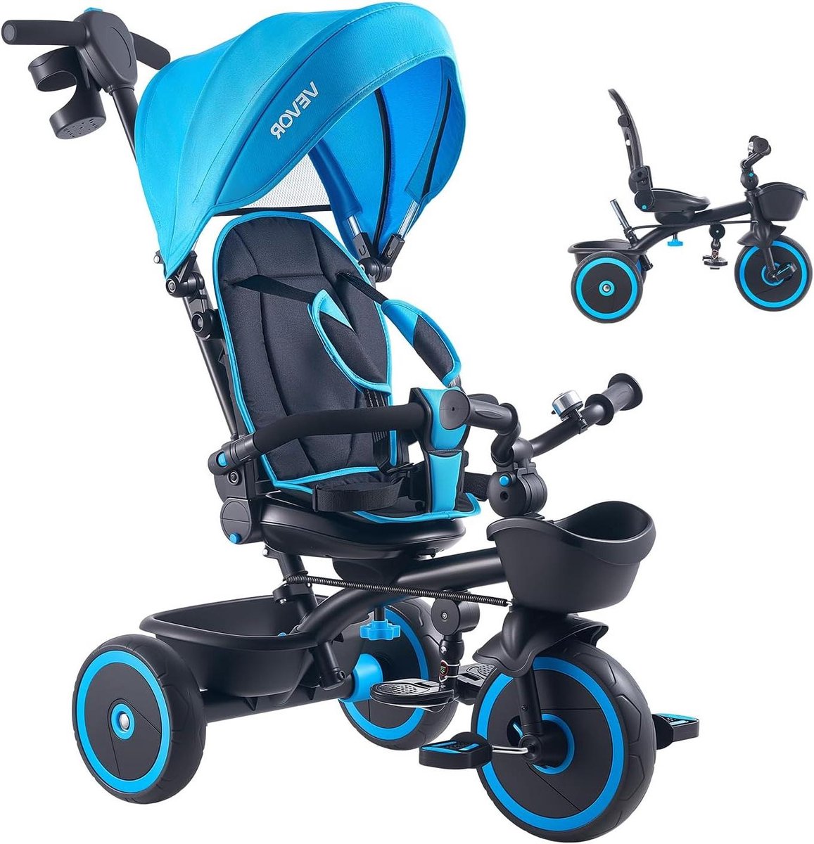 kinder driewieler loopfiets kinderwagen kind ontwikkeling 6 in 1 configuratie 25 kg belasting blauw zwart