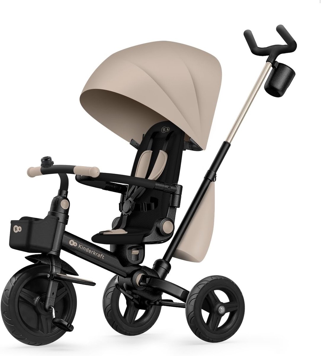 kinderdriewieler loopfiets met duwstang buiten spelen groeit mee met kind tot 25 kg beige