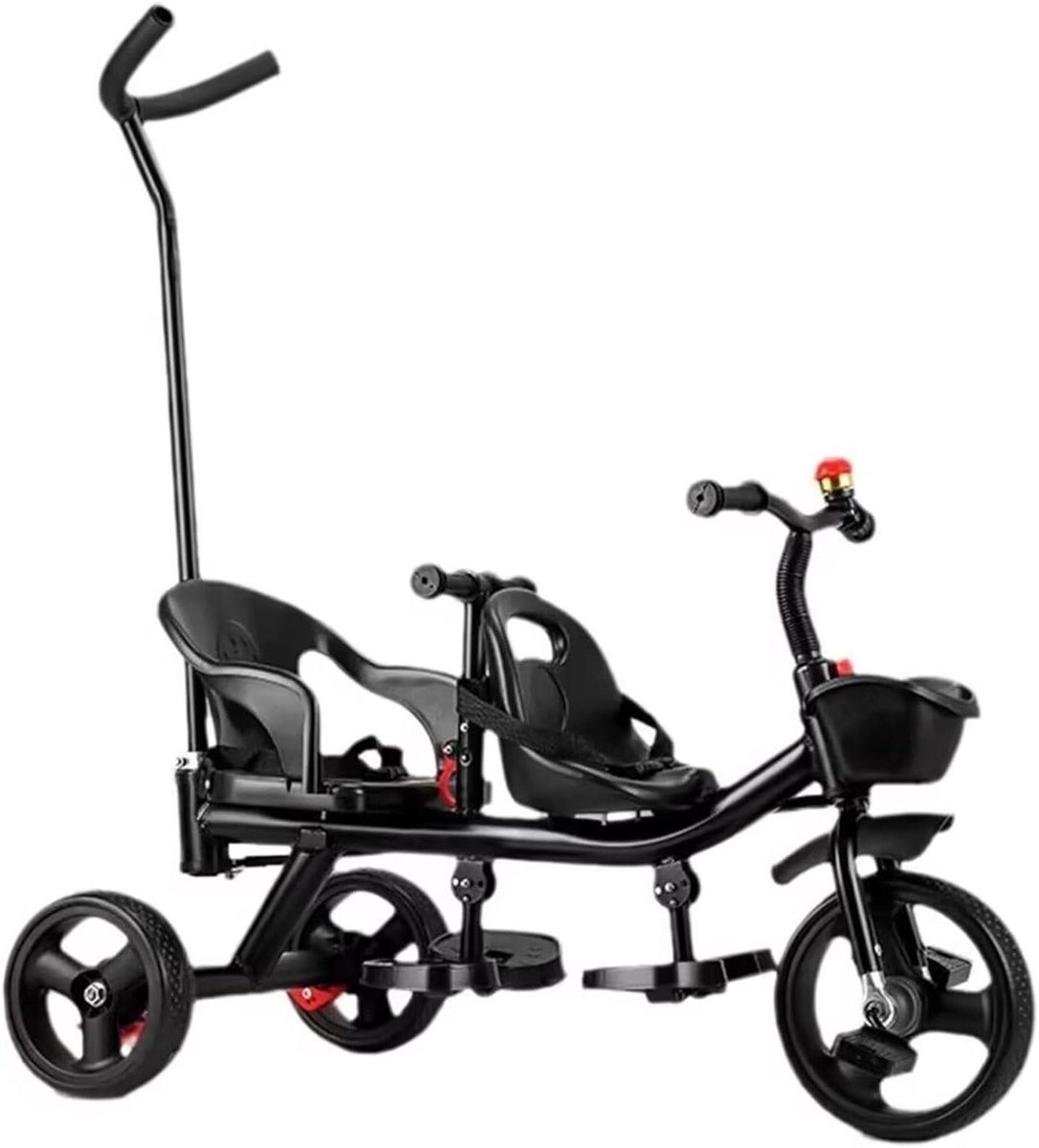 Kinderdriewieler Tandem - Dubbele Kinderwagen - Peuter Leren Fietsen - Ouderlijke Duwstang Bediening - Max. 60 kg - Zwart Driewieler kopen online