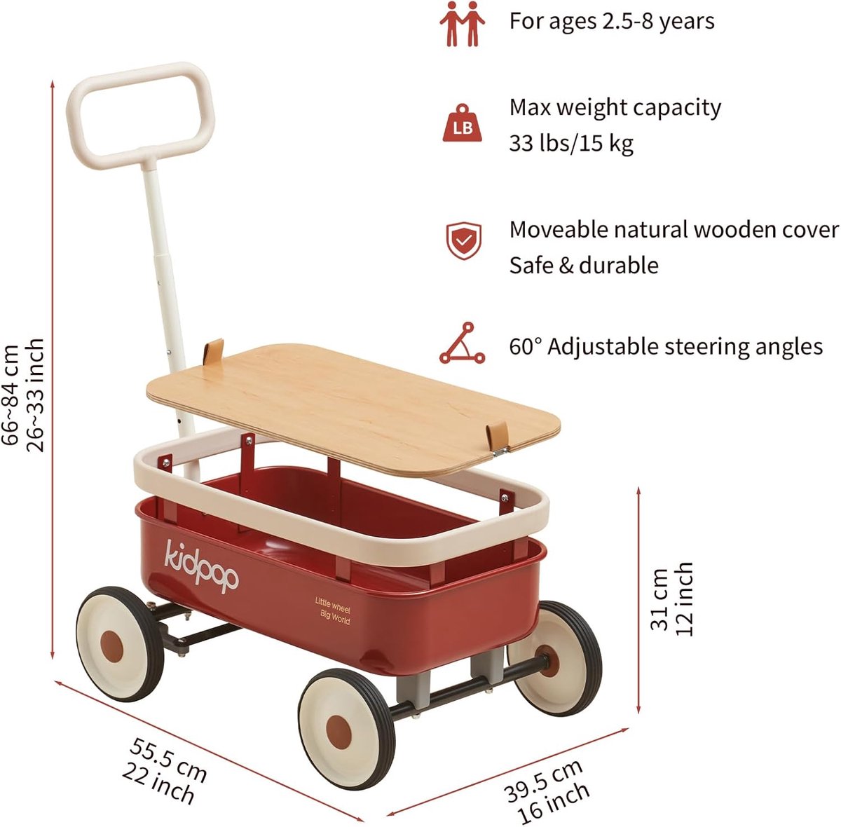 kinderspeelwagen rijspeelgoed binnen en buiten afneembare houten hoes 50 x 30 cm rood