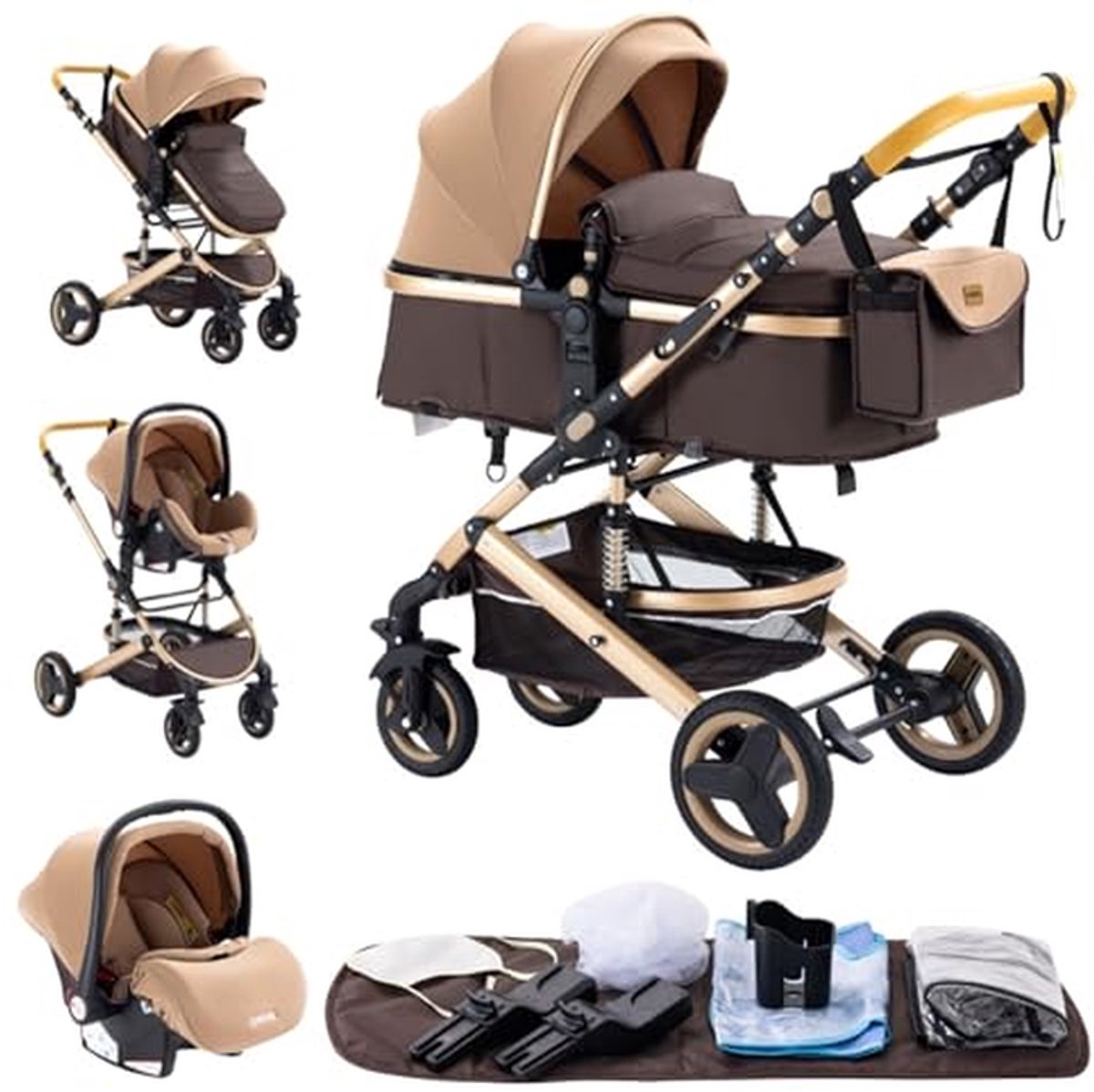 Kinderwagen 3-in-1 - Combinatie kinderwagen - Baby vervoeren - Dubbel schokdempingssysteem - 40 x 60 x 105 cm - Khaki Driewieler kopen online