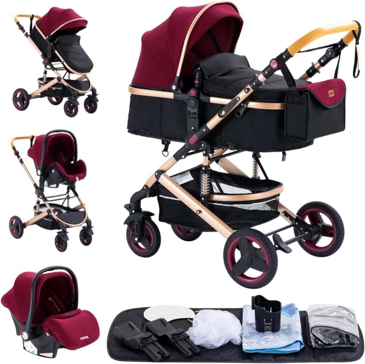 Kinderwagen 3-in-1 - Combinatie kinderwagen - Veilig transport baby - Dubbel schokdempingssysteem - 83 x 60 x 105 cm - Rood Driewieler kopen online