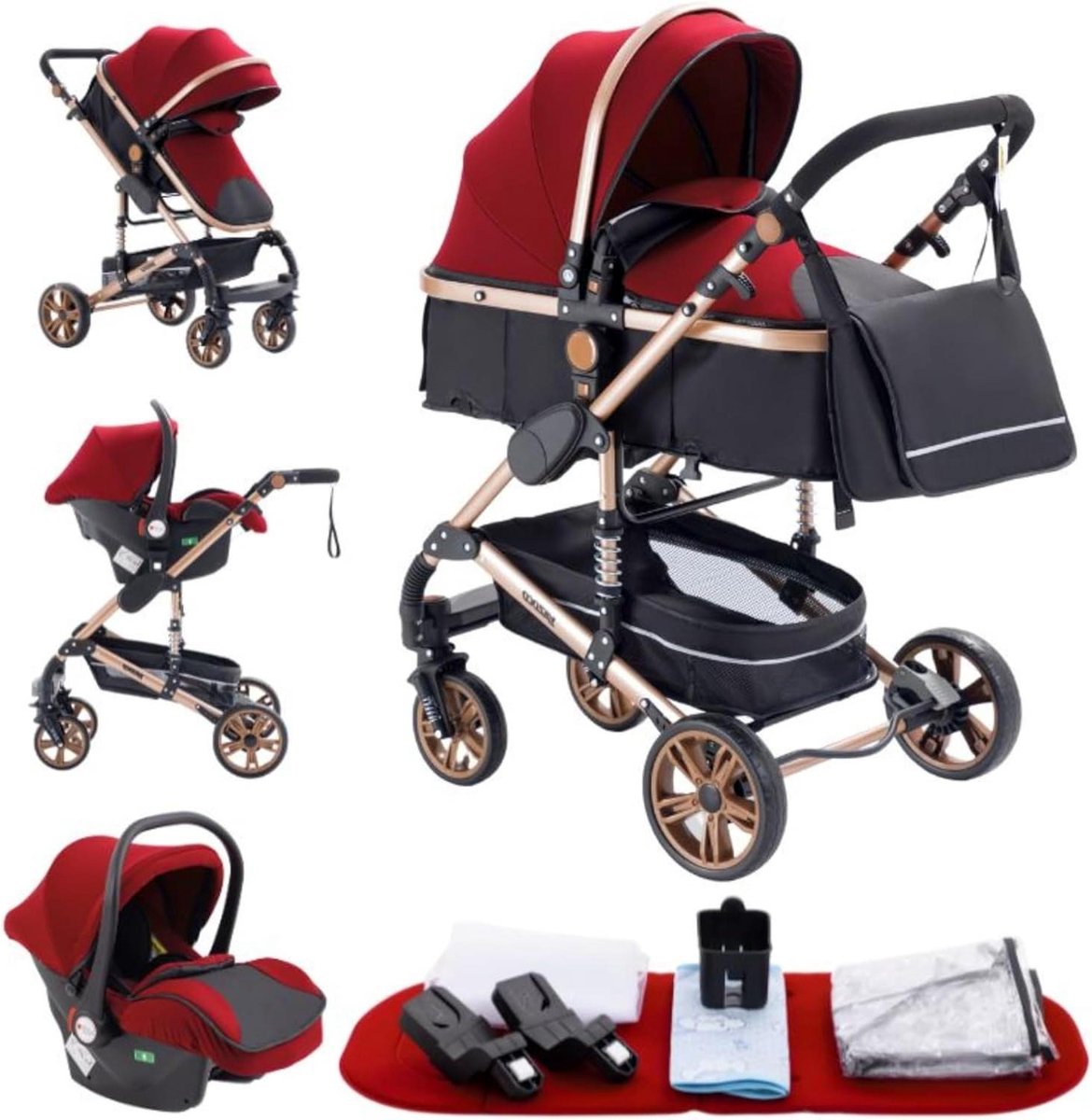 Kinderwagen 3-in-1 - Combinatie kinderwagen - Veilig vervoer baby - Dubbel schokdempingssysteem - 83 x 60 x 105 cm - Rood Driewieler kopen online