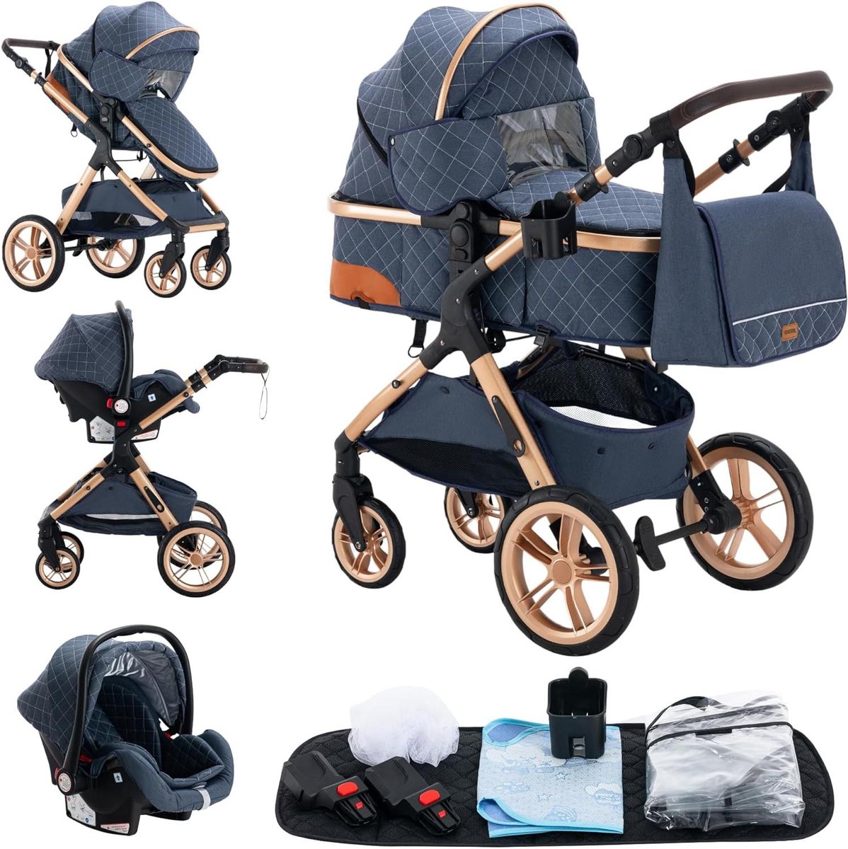 kinderwagen 3 in 1 driewieler buggy baby vervoeren dubbel schokabsorptiesysteem tot 36 kg blauw