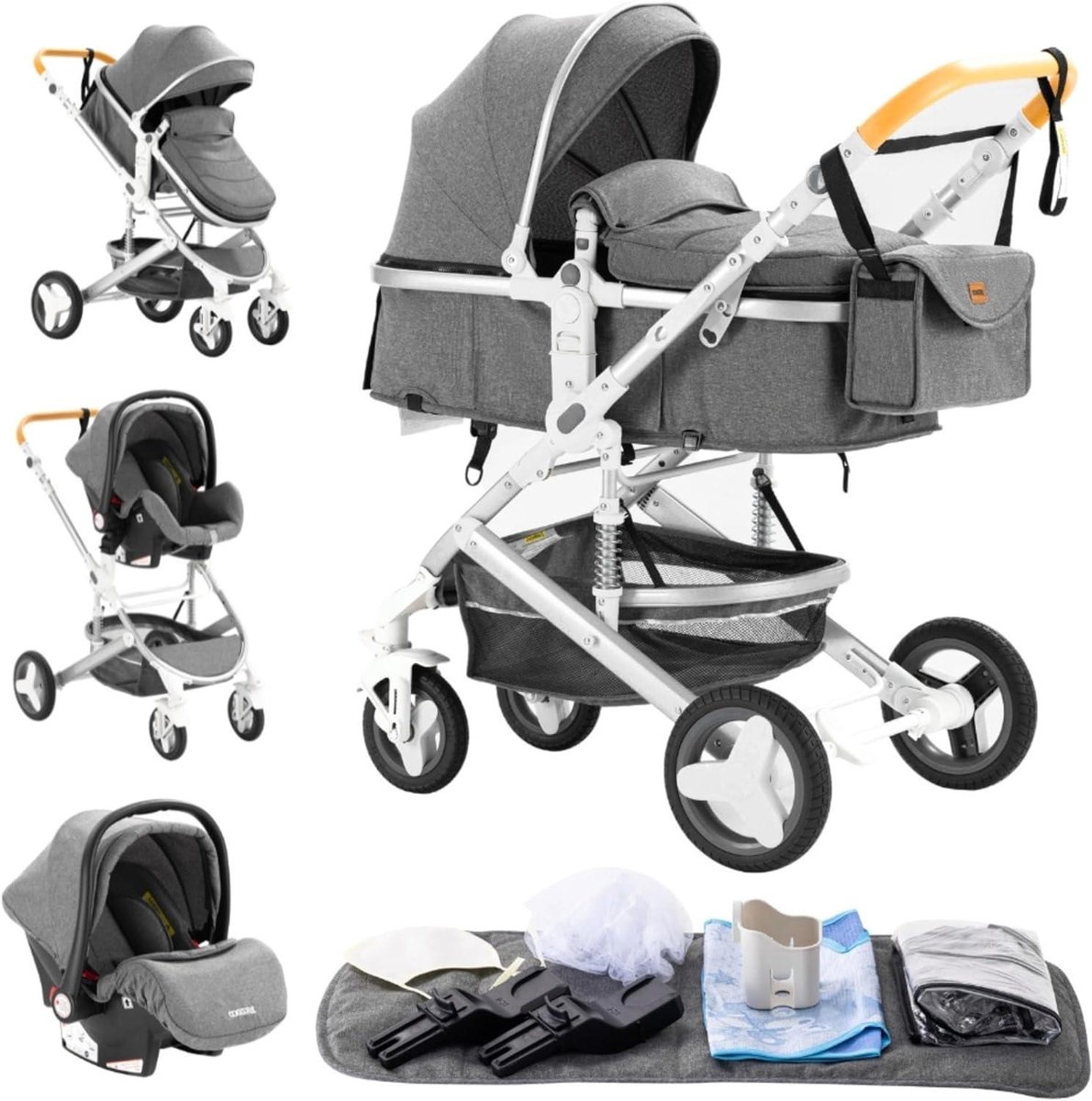 Kinderwagen 3-in-1 - Reiswieg Combinatie - Baby Vervoer - Dubbel Schokdempingssysteem - 0-36 Maanden - Grijs Driewieler kopen online