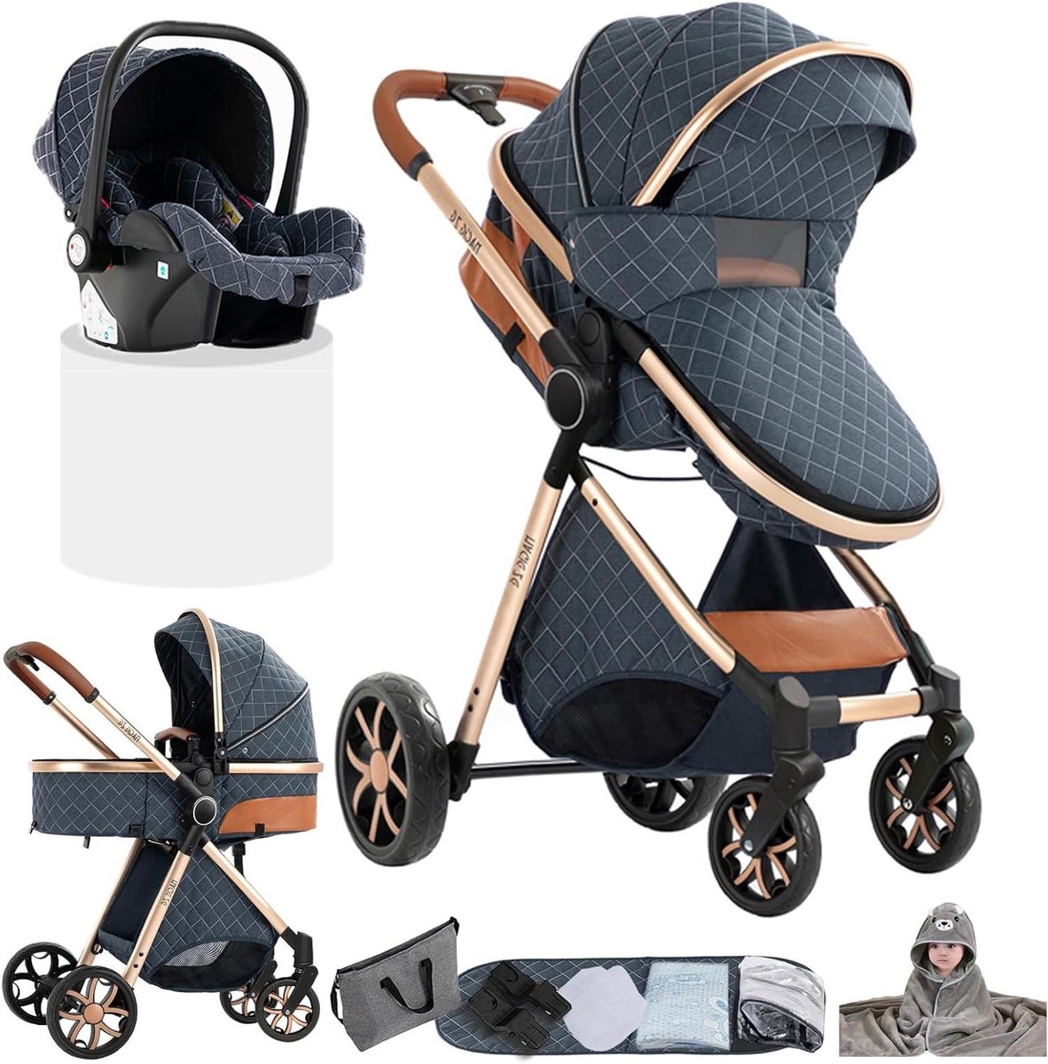 Kinderwagen Trio - Baby Reiswieg - Veilig Vervoer - Omkeerbare Duwstand - Grote Mand - Denim Blauw Driewieler kopen online