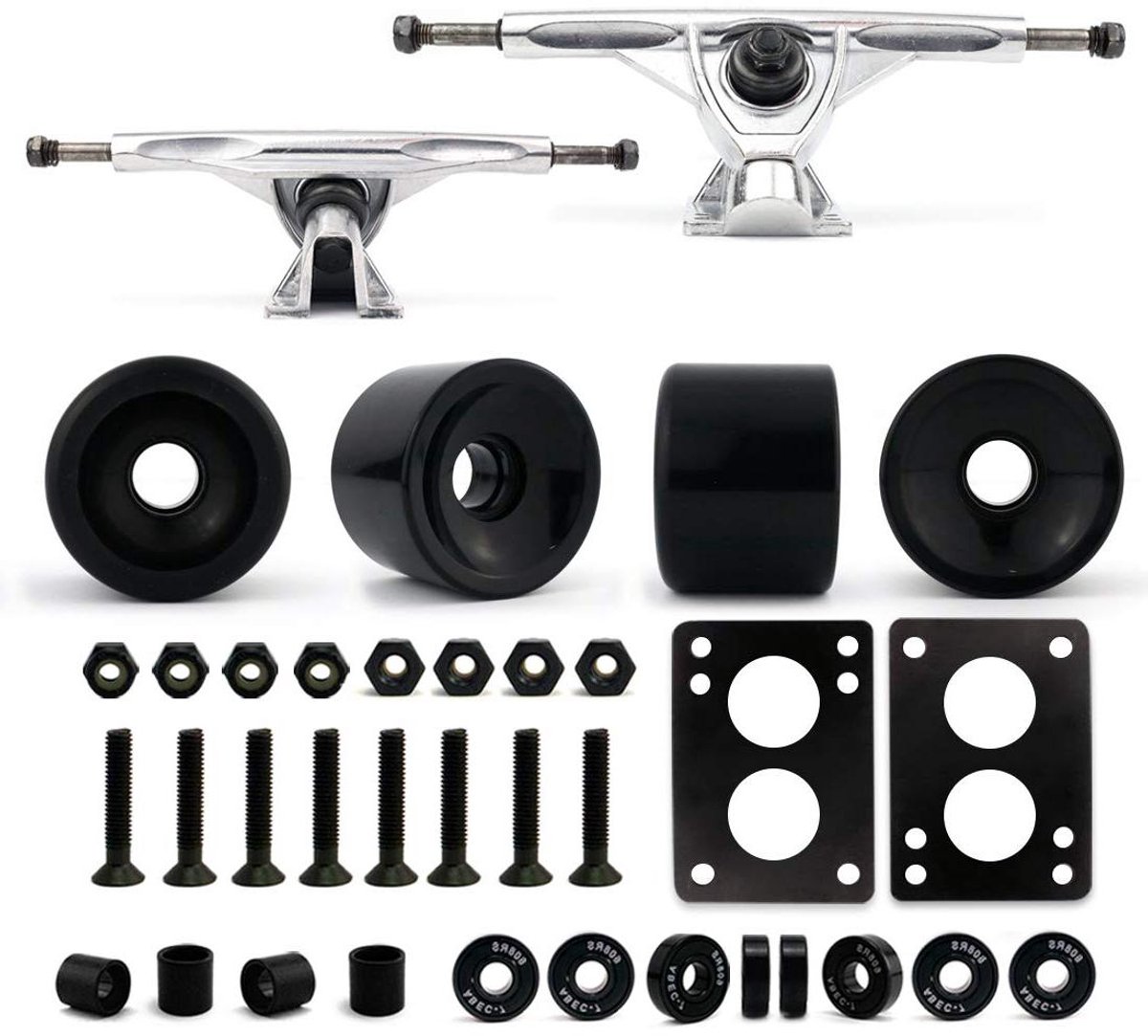 longboard onderdelen set skateboard accessoires cruisen en freeriden reverse kingpin trucks 70mm wielen zilver en zwart