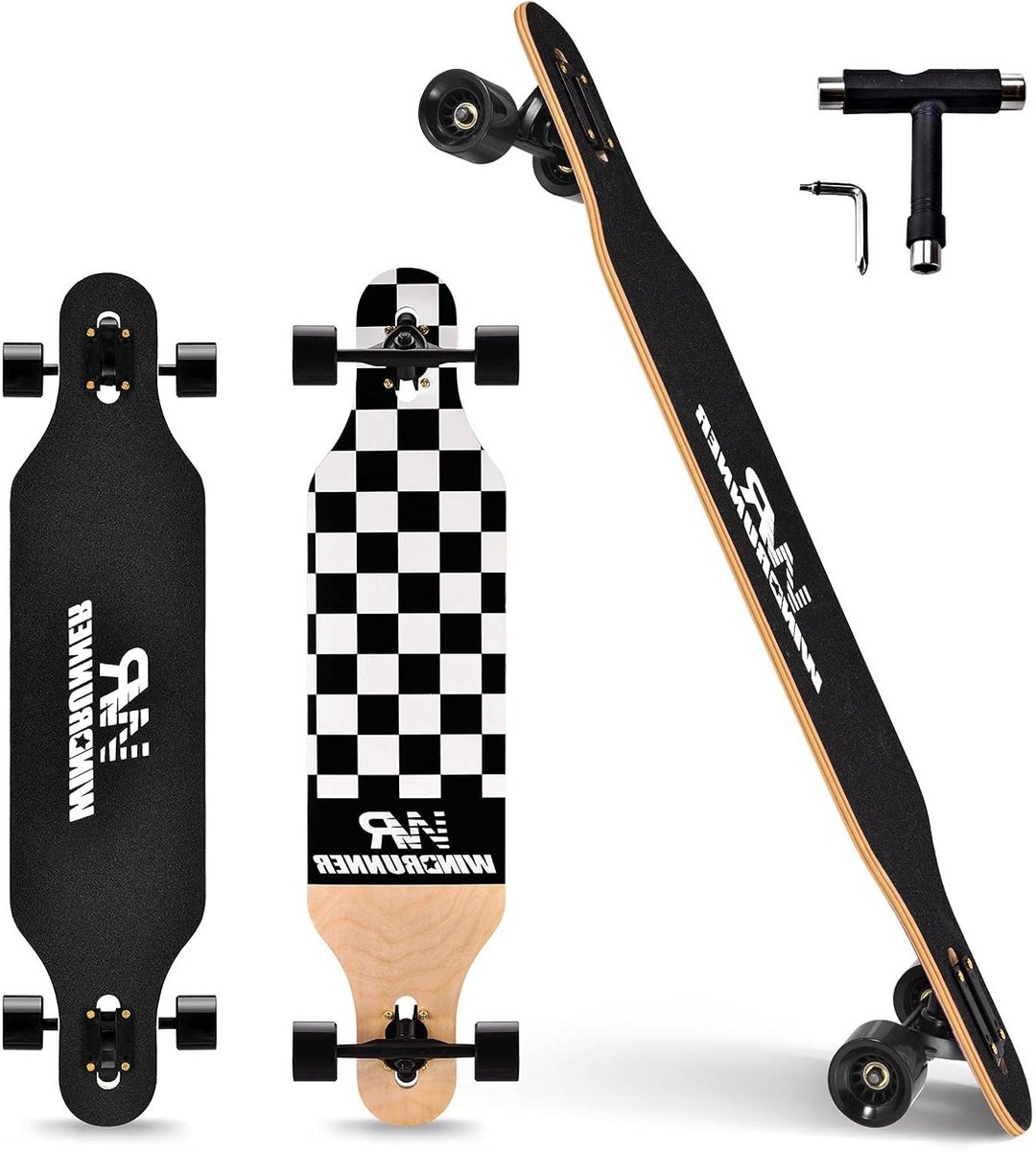 longboard skateboard cruiser board stijlvol rijden 8 laags esdoorn dek 104 cm lengte zwart wit