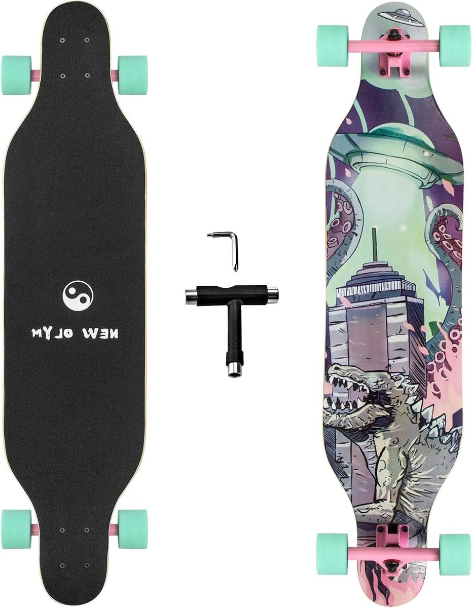 Longboard Skateboard - Drop Through Board - Cruisen en Tricks - 8-laags Esdoornhout - 104 cm - Dinosaurus Longboard kopen online