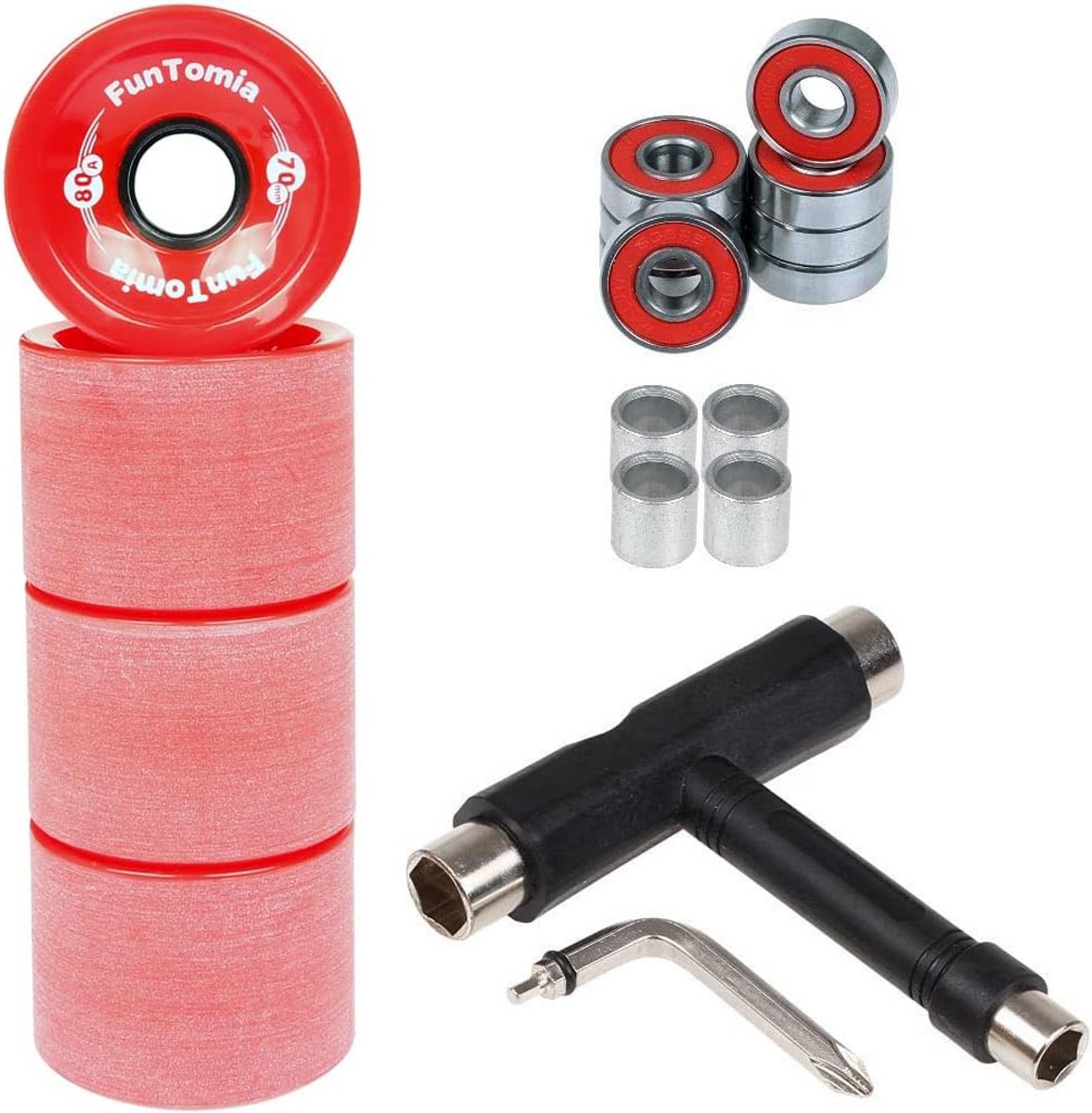 Longboard wielen set - Skateboard wielen - Cruisen en freeriden - Incl. T-tool - 70x51mm 80A - Rood Skateonderdeel kopen online