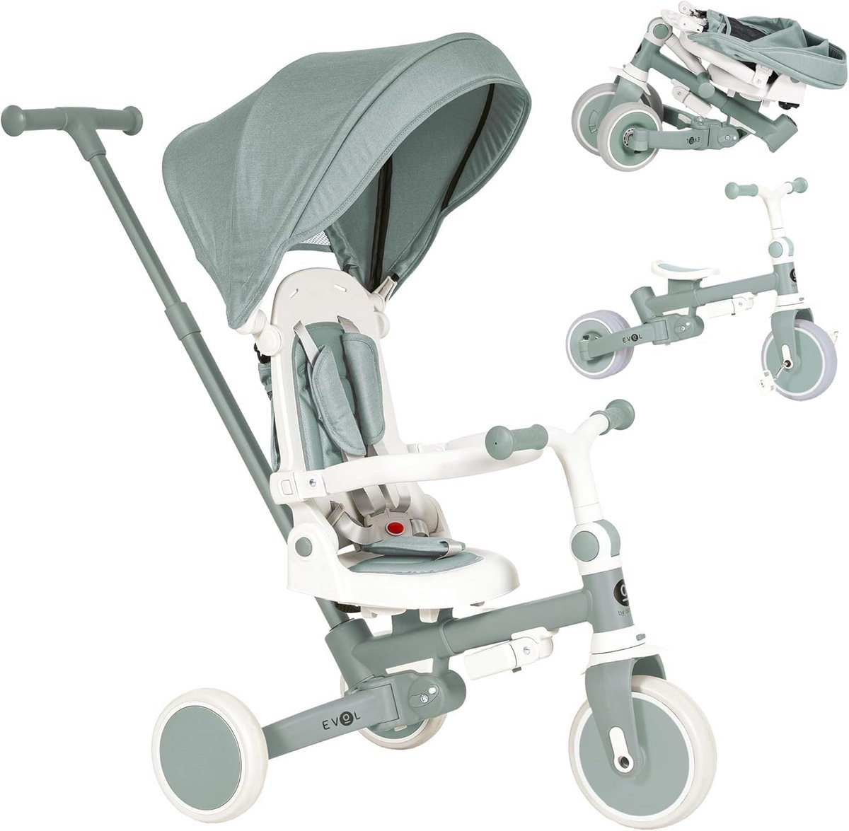 Olmitos EVOL Evolutionaire babydriewieler, 5-in-1, voor kinderen van 1 tot 5 jaar, van driewieler naar fiets met of zonder pedalen, rugleuning, veiligheidsbeugel en afdekking (mint) Driewieler kopen online