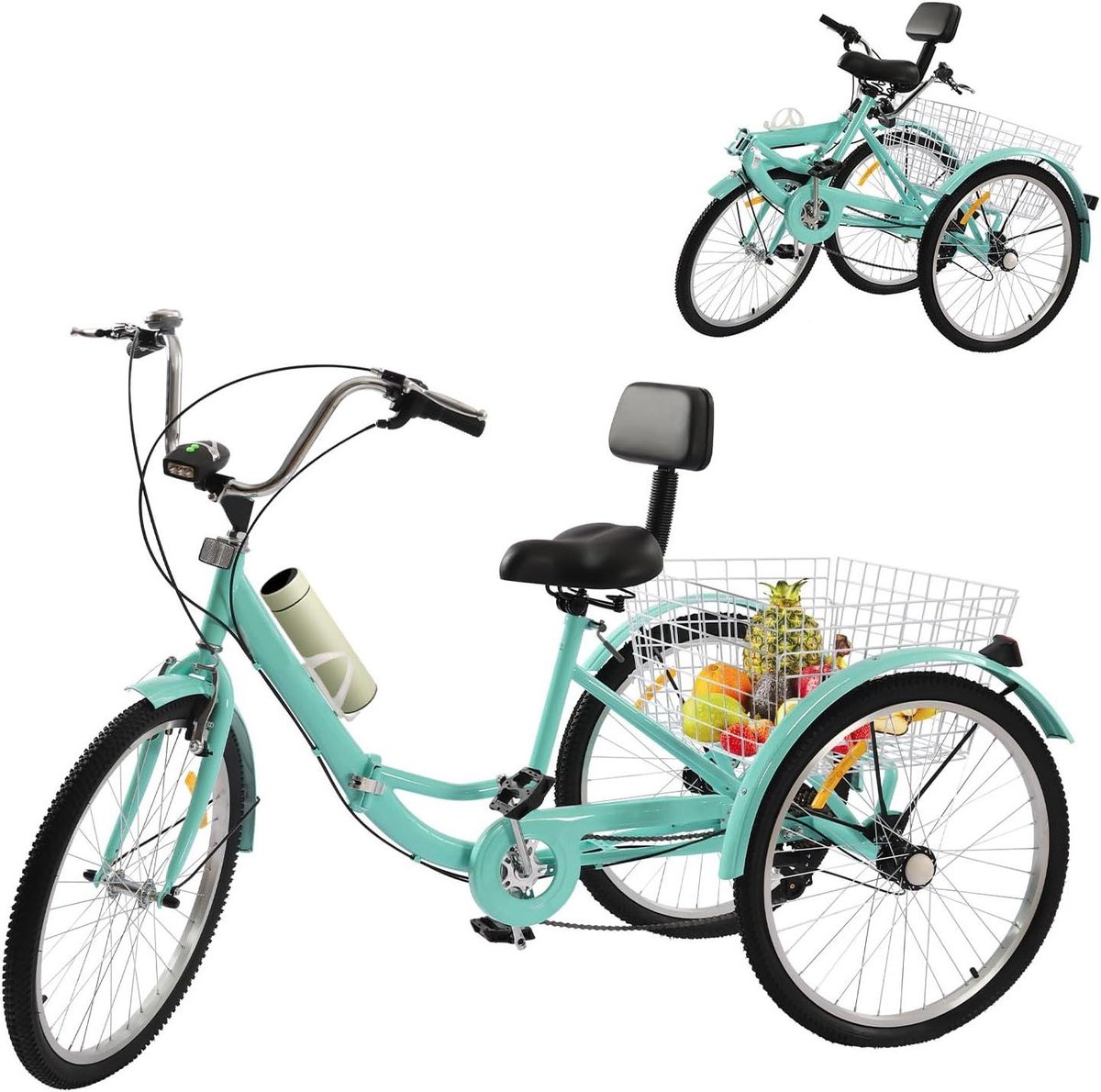 Opvouwbare Driewieler - Driewieler met mand - Boodschappen doen - Lage instap - 24 inch - Groen Driewieler kopen online