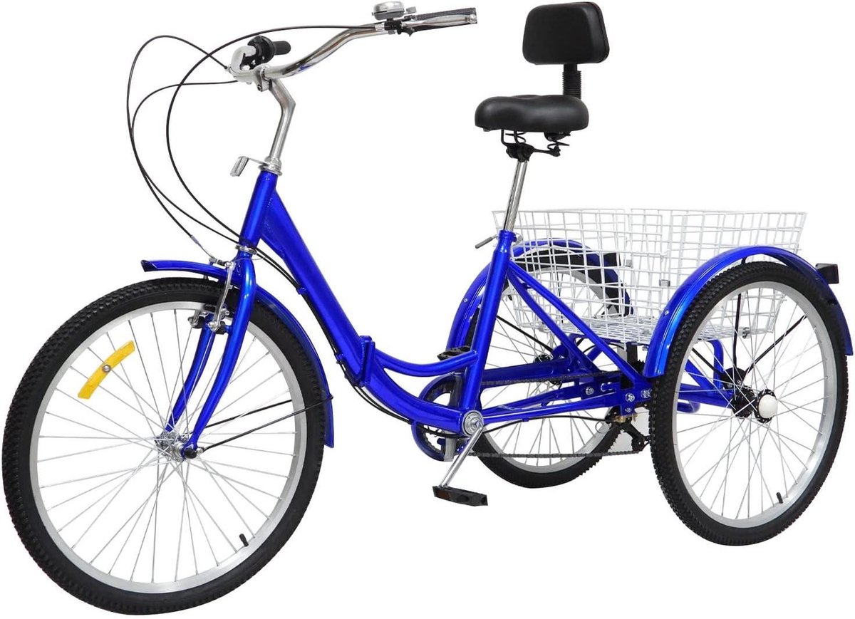 opvouwbare driewieler fiets senioren boodschappen vervoeren comfortabel zitkussen 24 inch wielen blauw