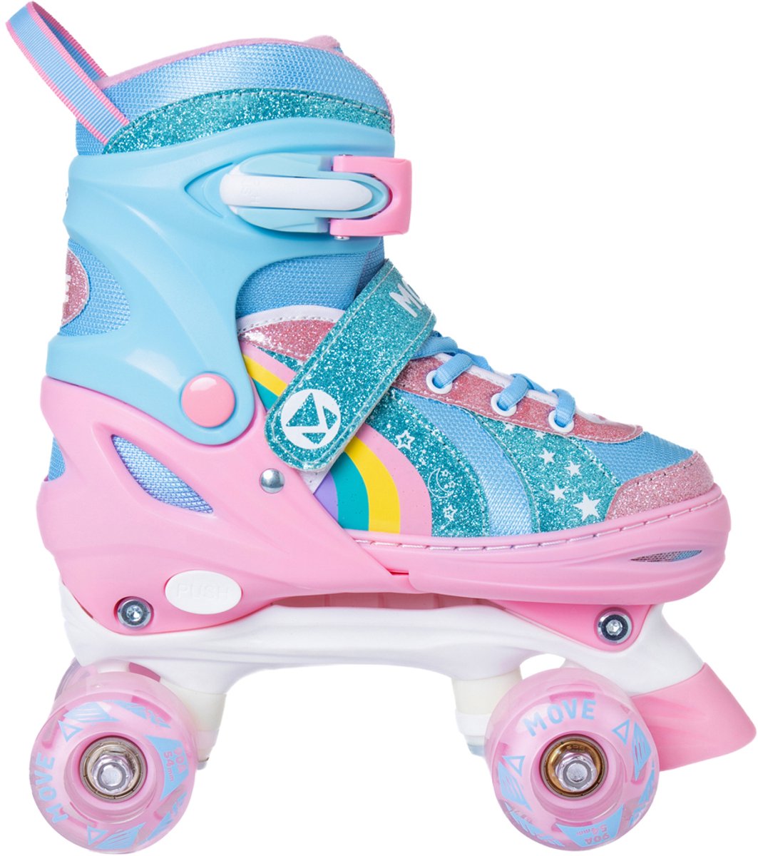 rolschaatsen move quad rainbow adjustable xs 26 29 wit roze blauw lichtgevende wielen verstelbaar maat 26 tot 29