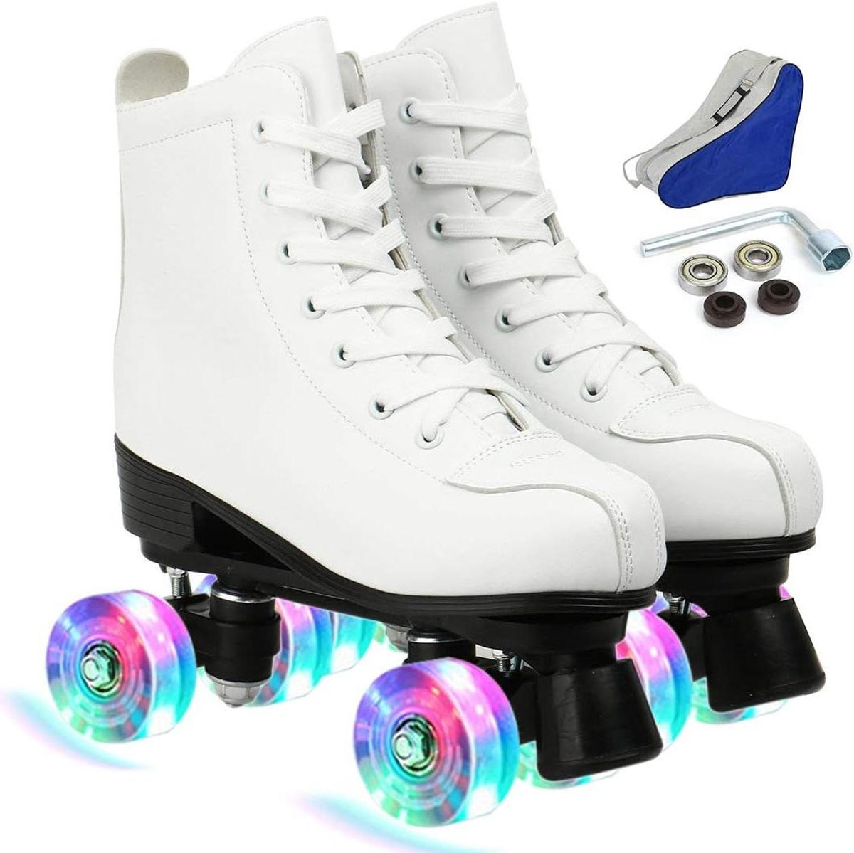 rolschaatsen voor vrouwen en mannen vier wielen rolschaatsen pu leer binnen en buiten dubbele rij schaatsen schoenen met tas witte flits 42