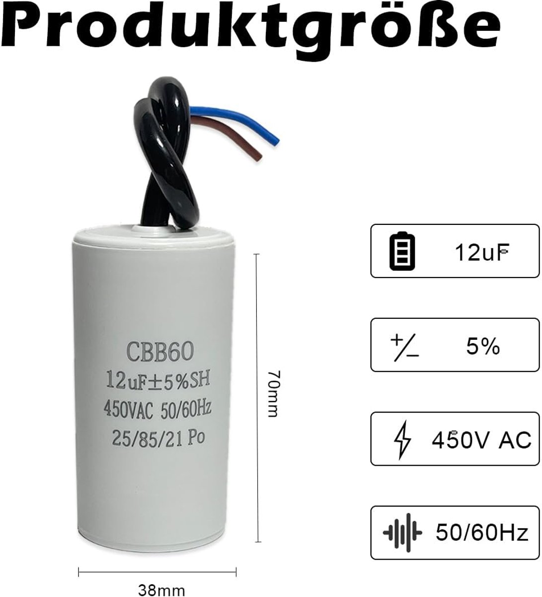 SnelShoppen - 2 Stuks CBB60 Capacitor 12µF 450V, Motor Start Capacitor met Stekker en Kabel voor Elektrische Motoren, 50/60Hz, Hoogwaardige Werkcapaci Speelgoedaccuvoertuig kopen online