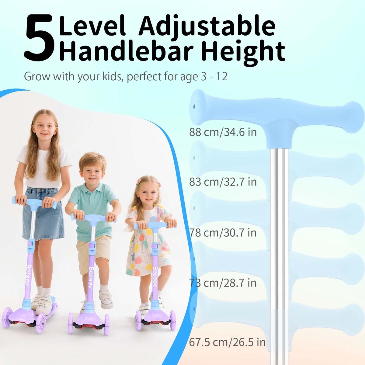 SnelShoppen - A3 Kinderstep voor 3 jaar, Hoogte Verstelbare Sturen, Lichtgevende PU-wielen, 3-Wielstep met Antislip Dek voor Meisjes en Jongens - Purp Step kopen online