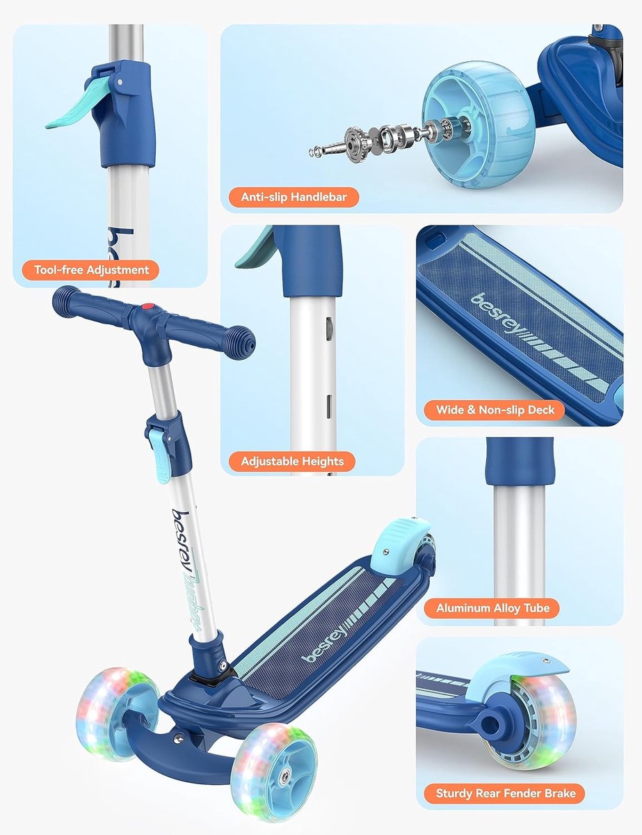 SnelShoppen - Besrey Kinderscooter met Grote Wielen, Opvouwbare Kick Scooter met Knipperende LED-verlichting, Hoogte Verstelbaar in 4 Niveaus, 3 Wiel Step kopen online