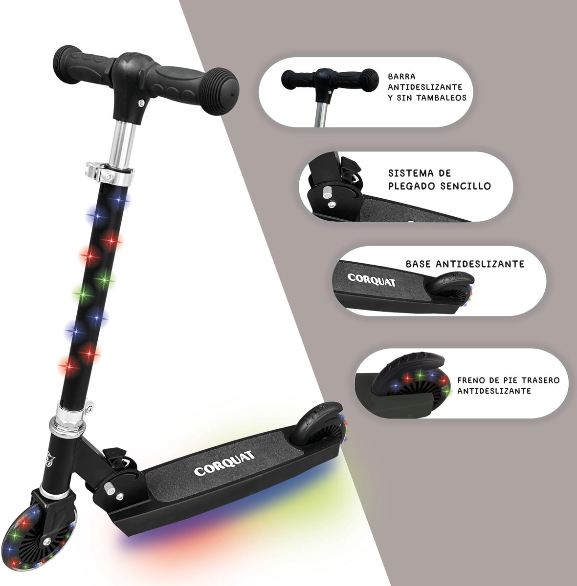 SnelShoppen - CORQUAT Scooter met LED-verlichting, inklapbaar en in hoogte verstelbaar, voor kinderen van 3-10 jaar, 60 kg capaciteit, perfect voor bu Step kopen online