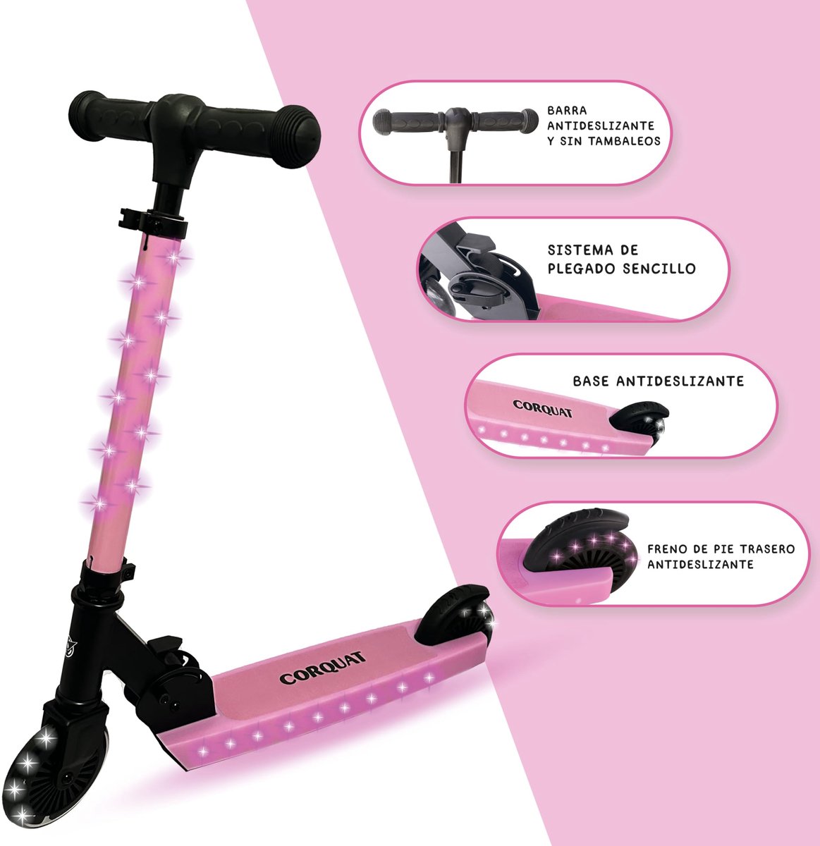 SnelShoppen - CORQUAT Scooter voor Kinderen 3-10 jaar - Inklapbaar, Hoogte Verstelbaar, LED Verlichting, Roze, Draagvermogen 60 kg - Perfect voor Buit Step kopen online