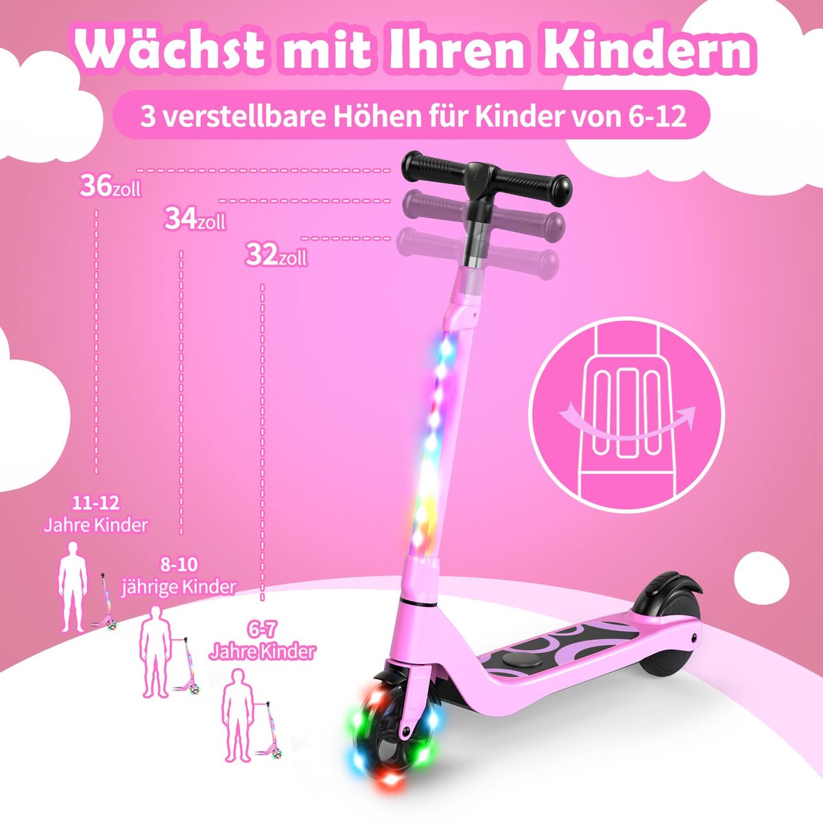 snelshoppen elektrische e step voor kinderen 6 12 jaar met knipperende led lampen 3 hoogtes 10 km u 45w motor max 70 kg veilig en robuust