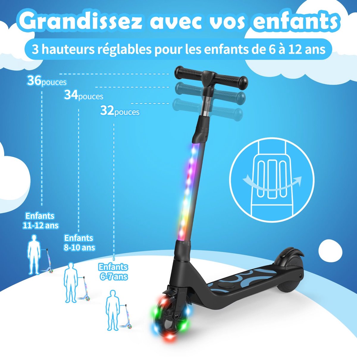 snelshoppen elektrische step voor kinderen 6 12 jaar 5 3 inch met gekleurd led licht 3 verstelbare hoogtes max belastbaarheid 70 kg ideaal voor
