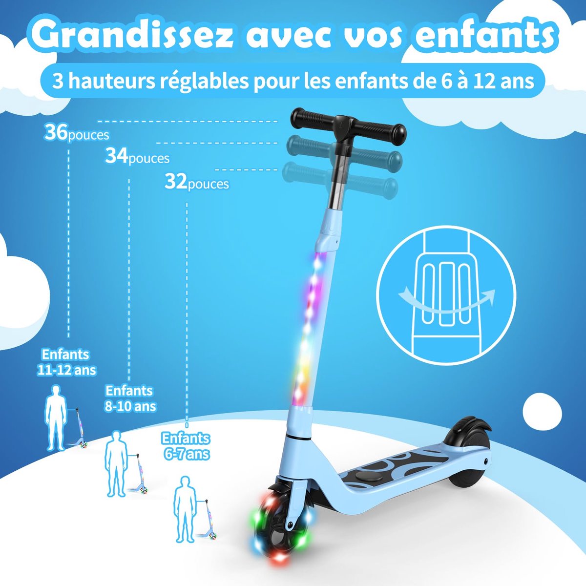 SnelShoppen - Elektrische step voor kinderen 6-12 jaar, 5,3 inch met kleurrijk LED-licht, 3 verstelbare hoogtes, maximale belasting 70 kg, ideaal voor Step kopen online