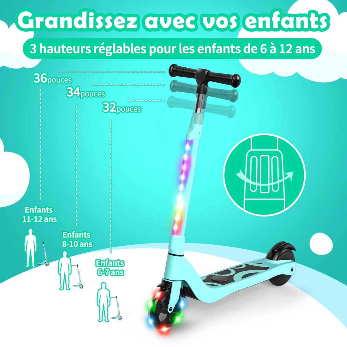 snelshoppen elektrische step voor kinderen 6 12 jaar 5 3 inch met led verlichting 3 verstelbare hoogtes max belasting 70 kg ideaal voor buiten