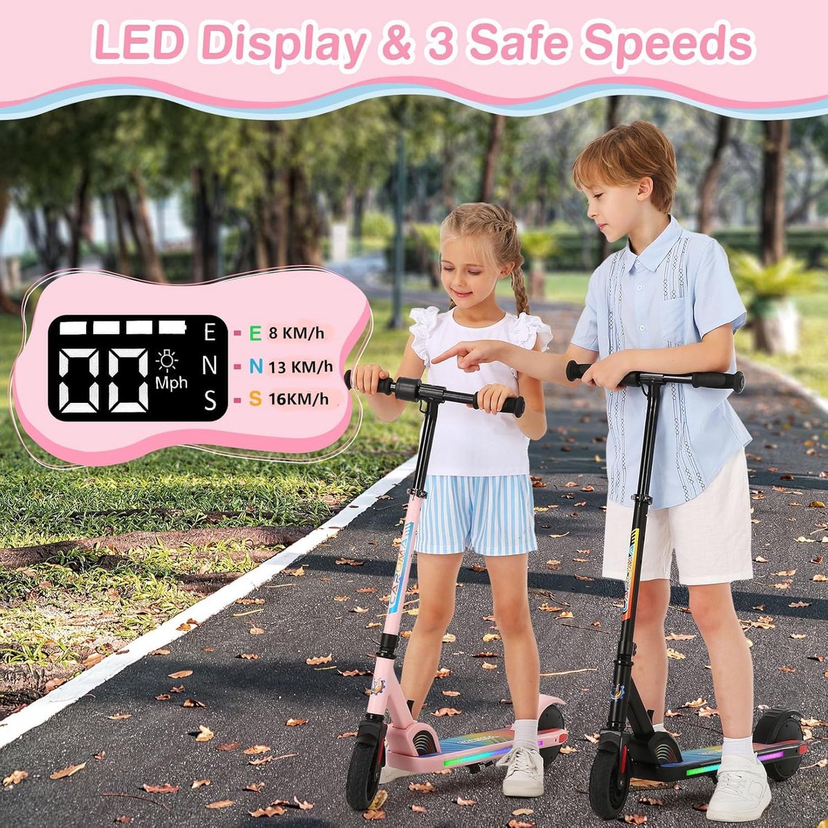 SnelShoppen - Elektrische Step voor Kinderen 8-12 Jaar, 16 km/u, 11 km Actieradius, Met Kleurrijke Verlichting, LED-Display, Instelbare Snelheid en Ho Step kopen online