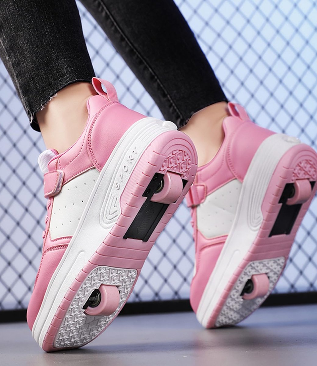 snelshoppen enen schoenen met wieltjes voor jongens en meisjes outdoor gymschoenen intrekbare rolschaatsen 2 in 1 rolschaatsen roze wit maat 34