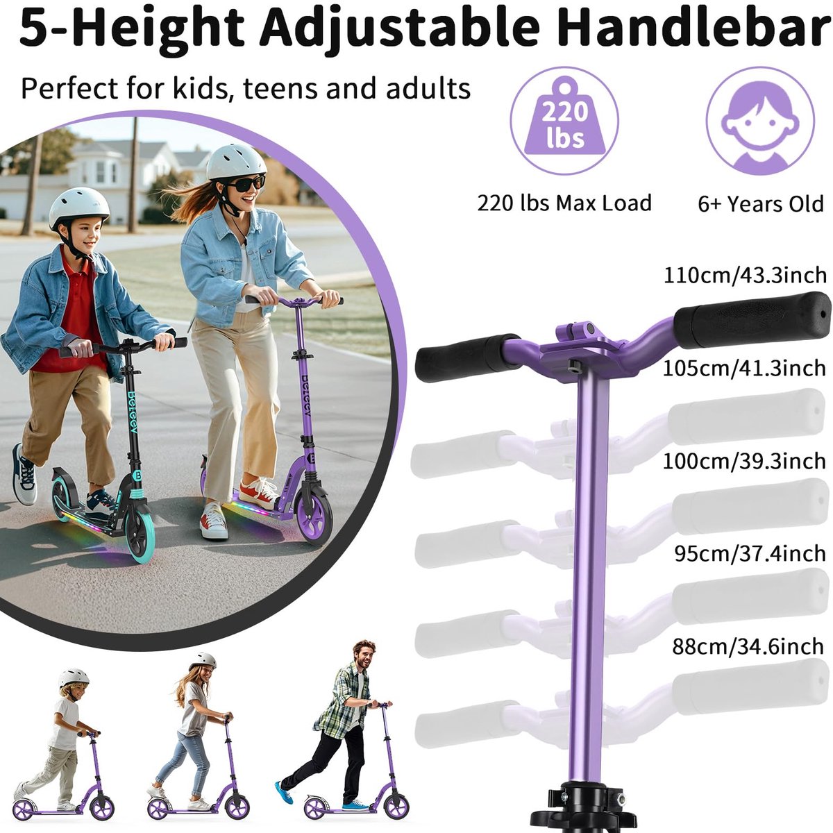 SnelShoppen - Groot Wiel Step voor Kinderen 6+ met Verlicht Deck, Opvouwbare 2-Wiel Step voor Volwassenen en Tieners, 5 Verstelbare Hoogtes, Lichtgewi Step kopen online