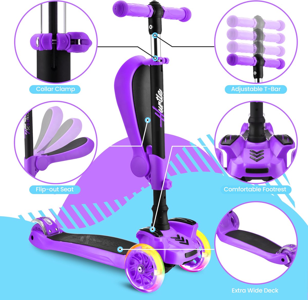 SnelShoppen - Hurtle Kinderstep, 3-wiel Step, Opvouwbare Scooter met Verstelbare Hoogte, Antislip Platform, LED Verlichte Wielen, Step voor Kinderen v Step kopen online