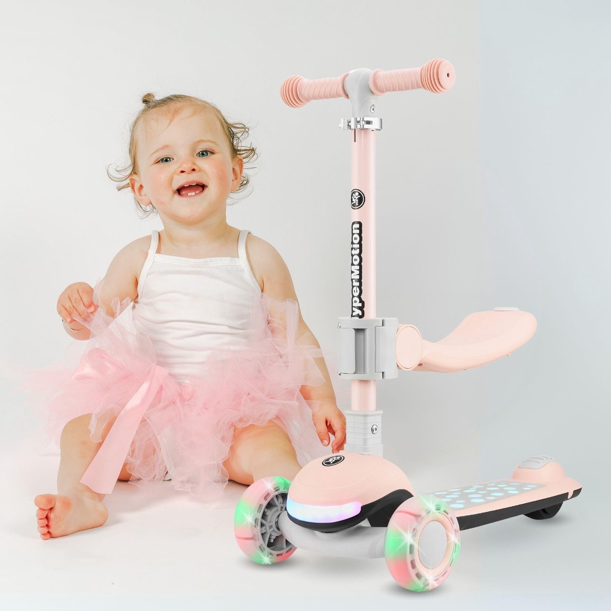 SnelShoppen - HyperMotion LUMI 3-in-1 Balansstep met Verlicht Platform, LED-wielen, Verstelbare Zitting, Opvouwbaar, Rubber Wielen, Tot 50 kg, Roze, V Step kopen online