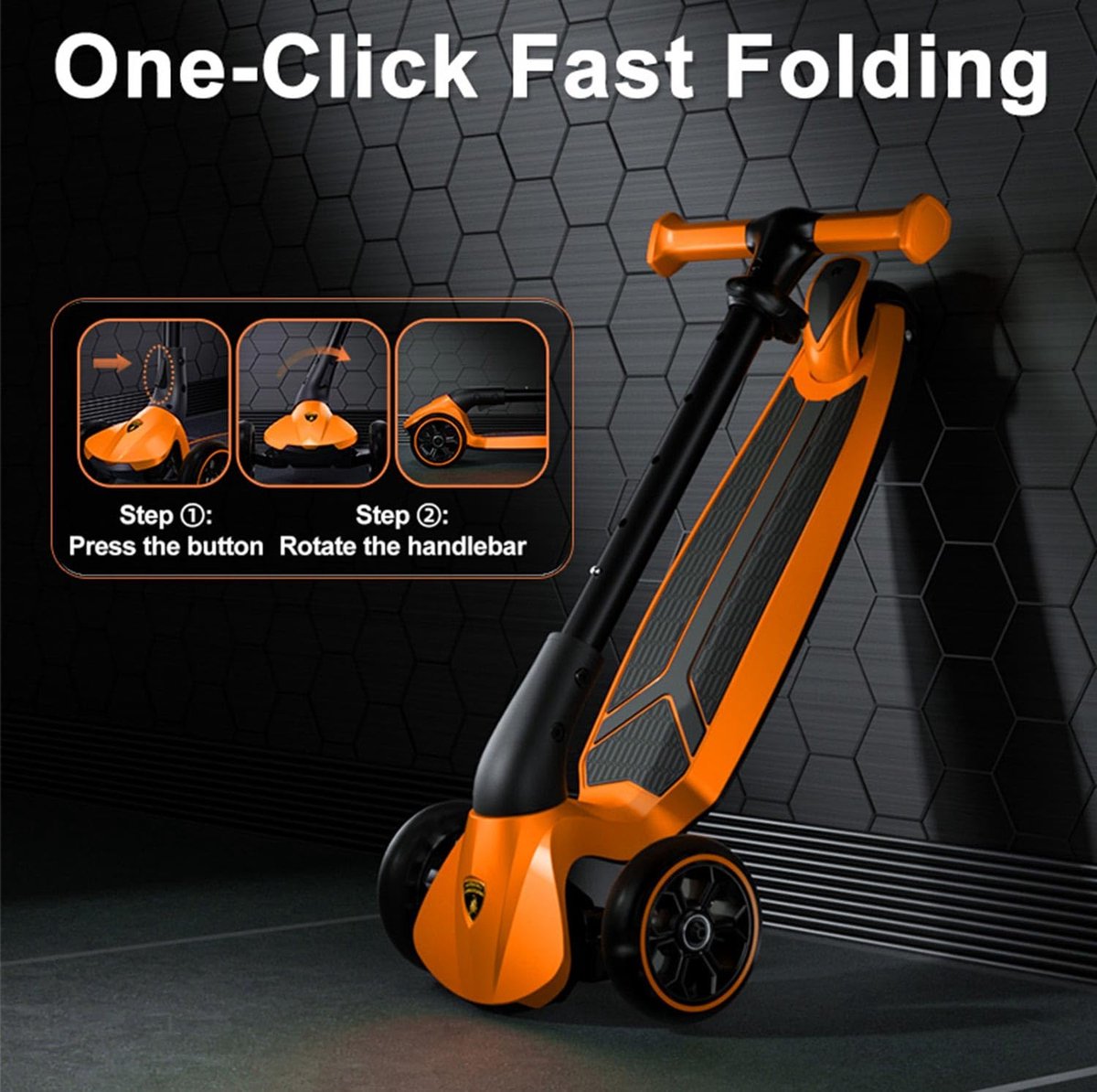 SnelShoppen - Lamborghini Kinderstep Driewieler voor Kinderen 3-8 Jaar, LED-wielen, Pedaal, Hoogte Verstelbaar, Opvouwbare Step Tot 50 kg, Peuters en Step kopen online
