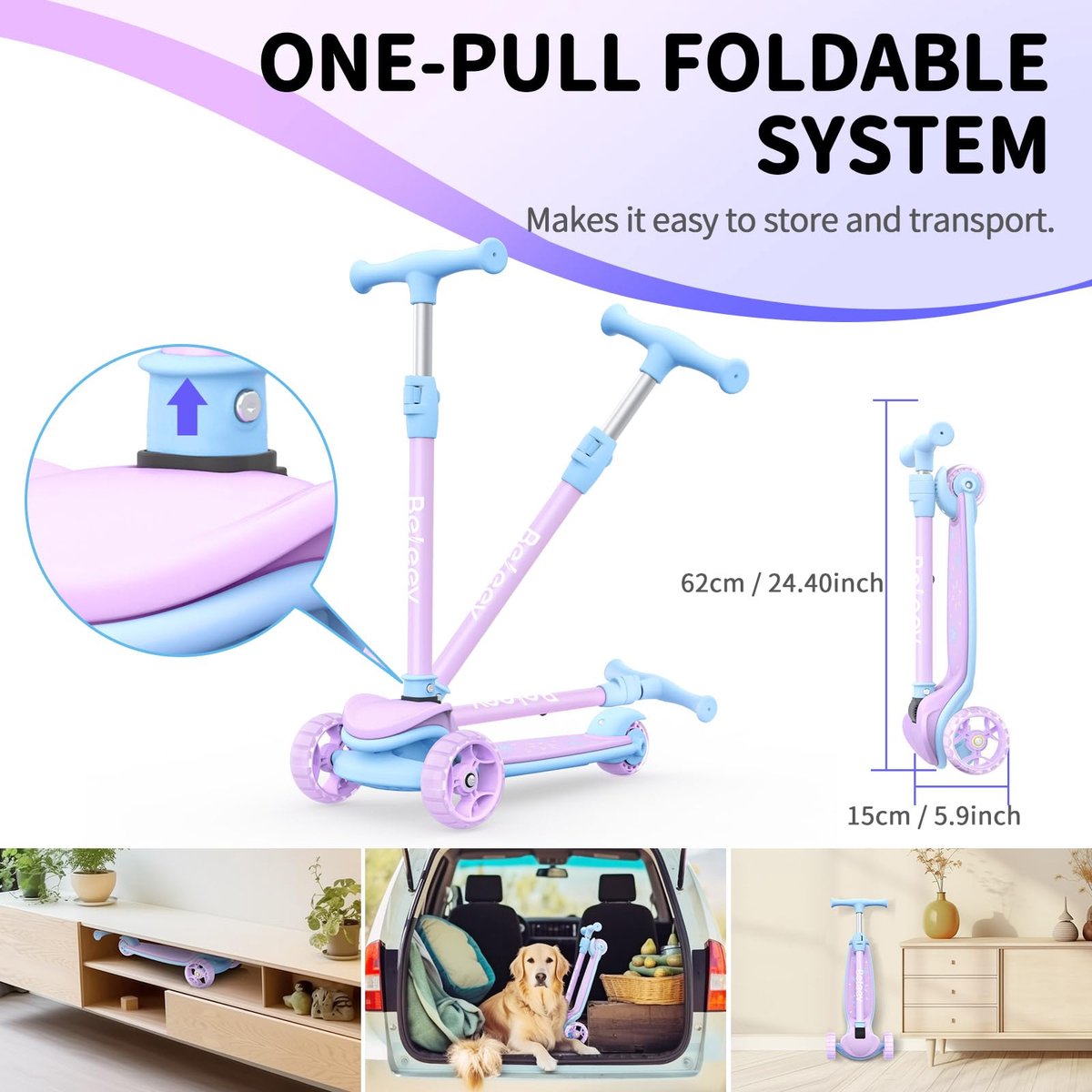 SnelShoppen - Opvouwbare Scooter Kinderen 3-12 Jaar - 3 Wielen - Verstelbare Hoogte - LED Verlichte Wielen - Extra Brede Kick Scooter - Paars - Voor P Step kopen online