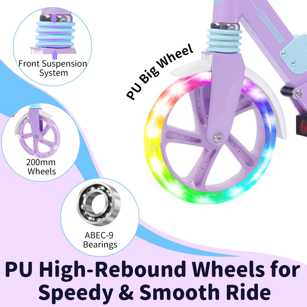 snelshoppen opvouwbare scooter voor kinderen en volwassenen 2 wielen lichtgewicht verstelbare hoogtes oplichtende stuurpen en dek light purple