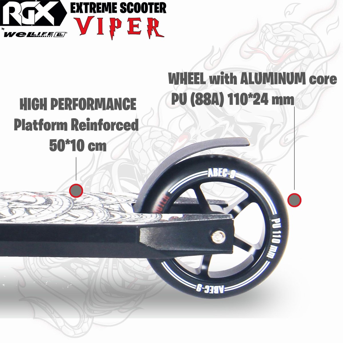 SnelShoppen - Professionele stuntstep voor volwassenen en kinderen, WeLLIFE Freestyle Viper RGX, HIC-stuur, PU-wielen 110mm, aluminium velgen, ABEC9-l Step kopen online
