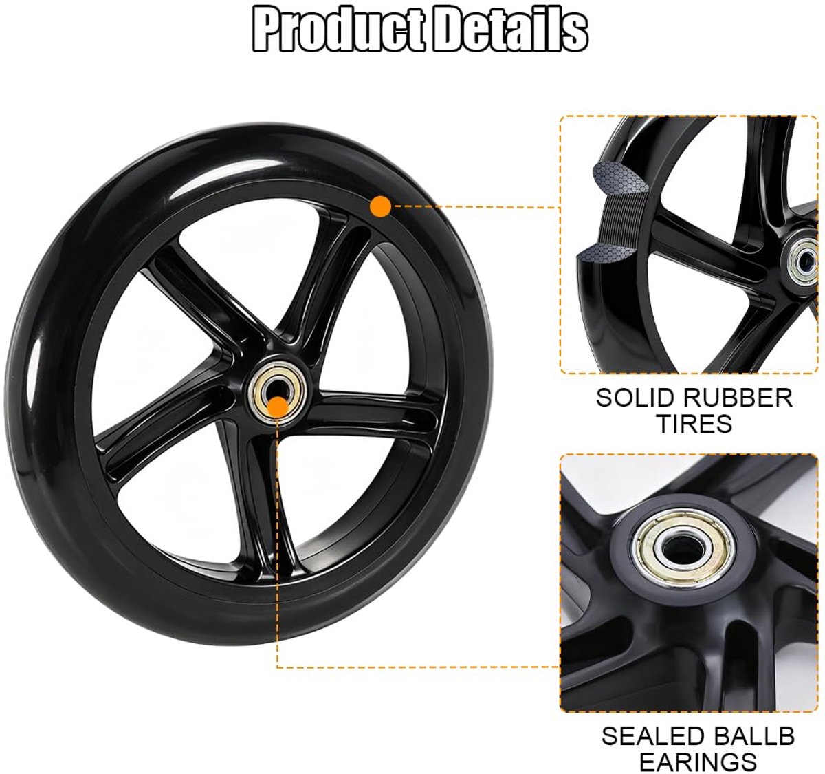 SnelShoppen - Reservewielen voor scooter en step, 2 stuks, 200 mm, stuntstep-wielen met ABEC-9 kogellagers, zwarte wielen voor kinderen en volwassenen Step kopen online